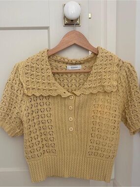 Yellow Crochet Knit Polo Sweater
